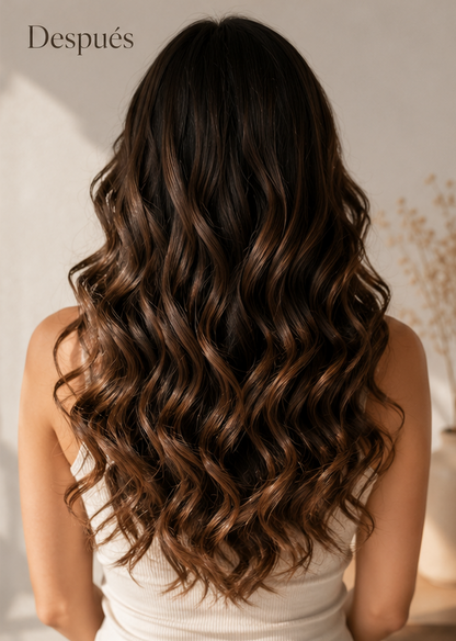 Curlmate rizador inalámbrico — resultado rizos definidos antes y después