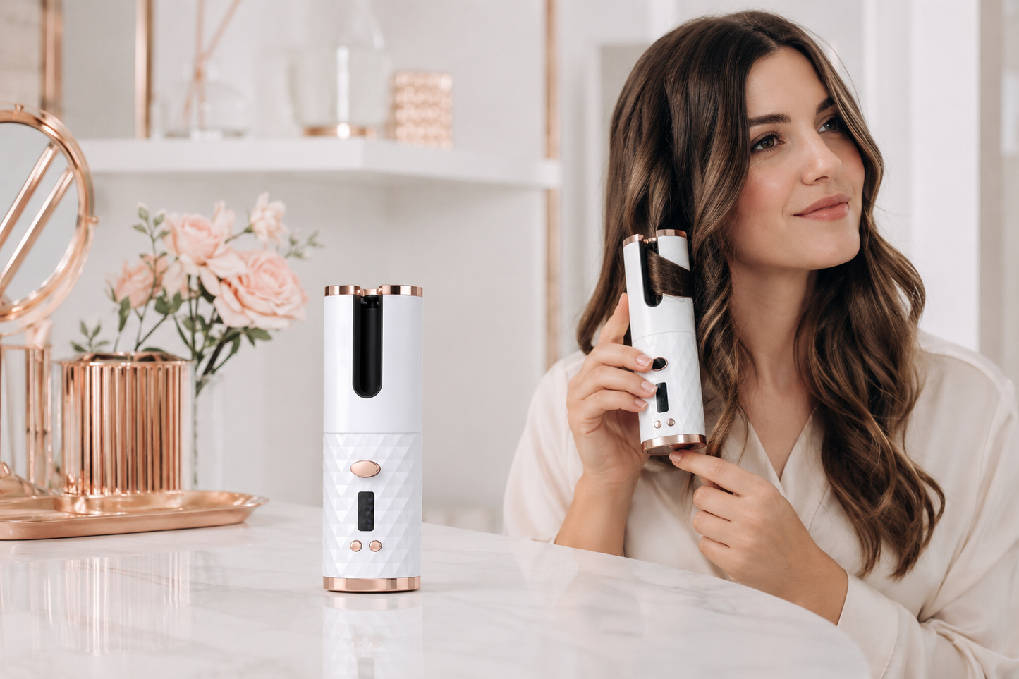 Curlmate rizador inalámbrico — uso lifestyle en casa