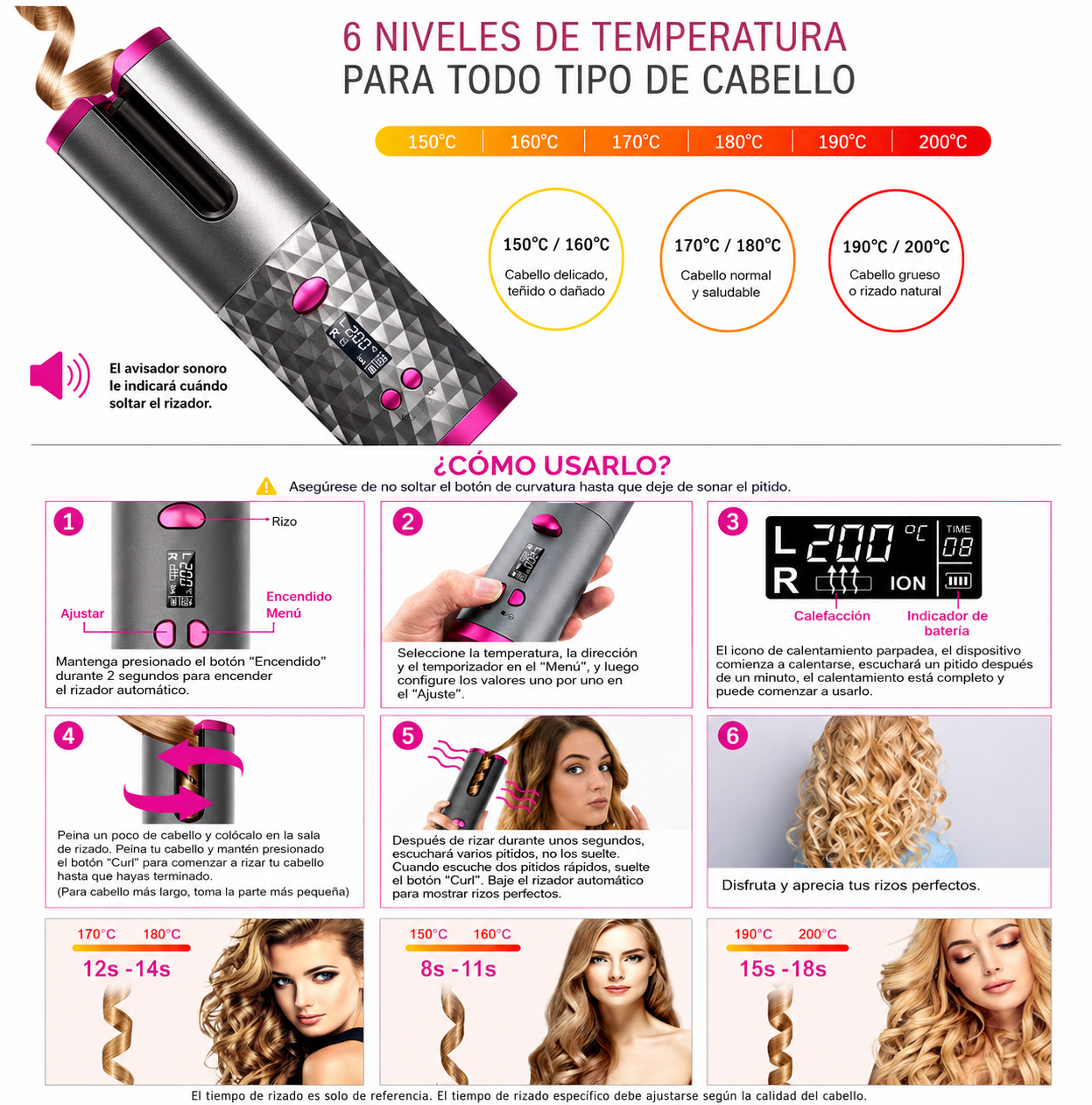 Curlmate rizador inalámbrico — panel de control y ajuste de temperatura